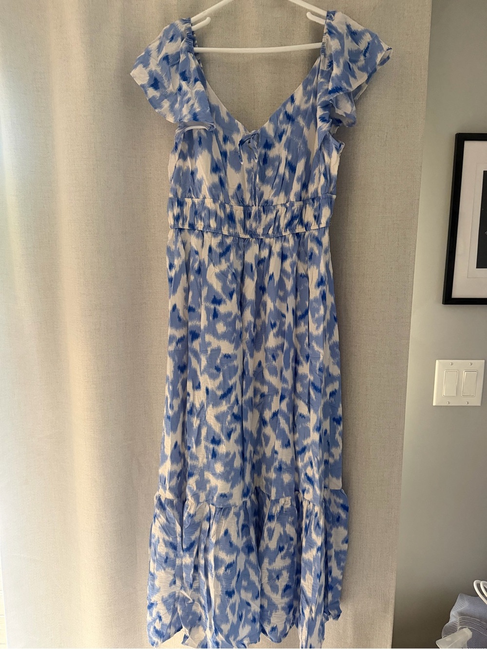 Nine West Blue and White V-Neck Ruffle Sleeve Maxi Dress